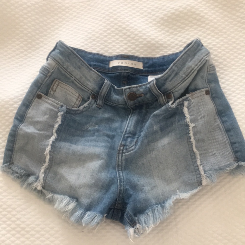 Eunina Lulu womens color block 2 tone High Rise jean Shorts Size XS fringe hem